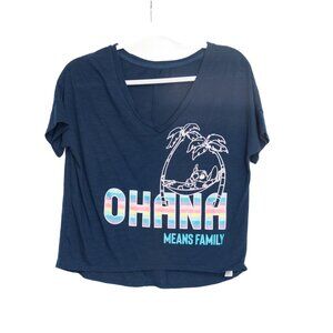 Disney Lilo & Stitch Ohana Means Family Womens V-Neck T-Shirt In Navy Blue Short